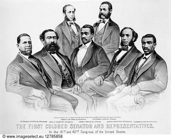 BLACK SENATORS  1872. The First Colored Senators and Representatives in the 41st and 42nd Congress of the United States. Lithograph  1872  by Currier & Ives.