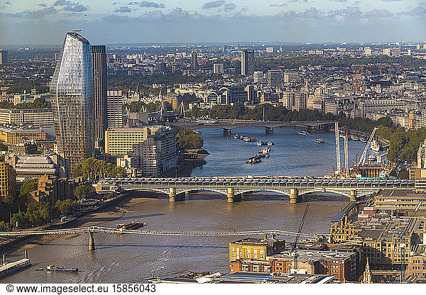 Blackfriars bridge and tower with Thames river  aerial view of london