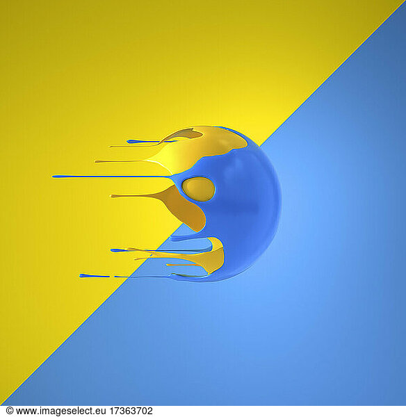 Blaue und gelbe Flüssigkeitskugel fliegt an blauem und gelbem Hintergrund vorbei