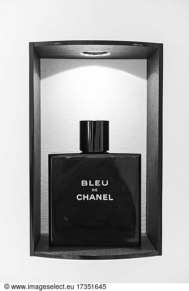 Bleu de Chanel perfume bottle  luxury department stores  Harrods  London  England  Great Britain