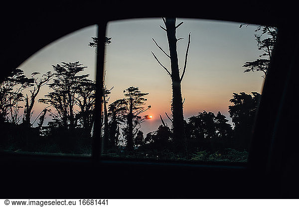 Blick auf den Sonnenuntergang aus einem Autofenster  Pinien und die Sonne über dem Meer