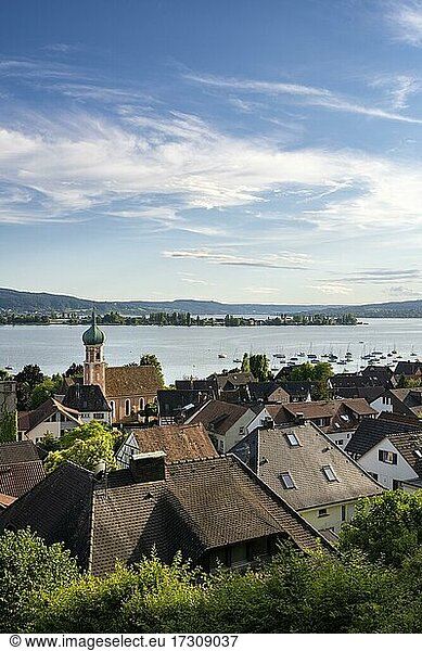 Blick auf die Bodenseegemeinde Allensbach am Bodensee  dahinter die Insel Reichenau  Landkreis Konstanz  Baden-Württemberg  Deutschland  Europa