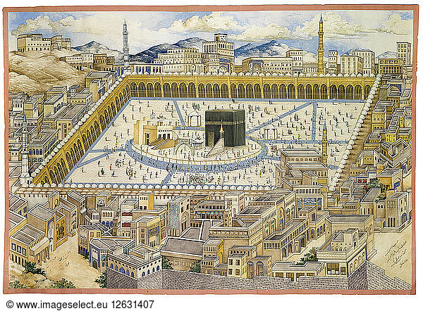 Blick auf die Kaaba und umliegende Gebäude in Mekka  zweite Hälfte des 19. Künstler: Mahmud (?-1893/4)