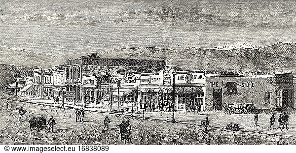 Blick auf die Main Street  Salt Lake City  Utah  Vereinigte Staaten von Amerika. Alte gestochene Illustration aus dem 19. Jahrhundert. Reise von Washington nach San Francisco von Louis Laurent Simonin aus El Mundo en La Mano 1879.