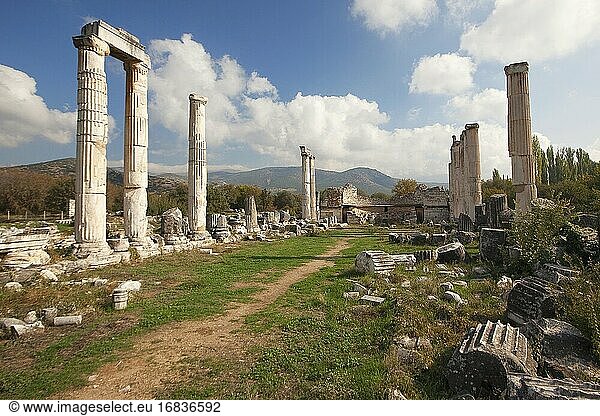 Blick auf die Säulen und Steine des Aphrodite-Tempels  Archäologische Stätte Aphrodisias  Geyre  Provinz Aydin  Kleinasien  Europa