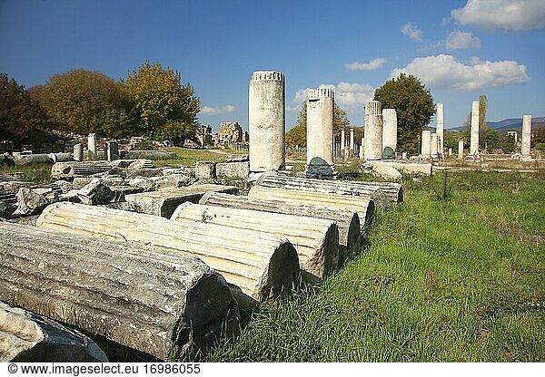 Blick auf die Säulen und Steine in der Südagora der archäologischen Stätte Aphrodisias Geyre Provinz Aydin Kleinasien Türkei Europa.