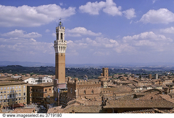Blick über die Dächer von Siena auf den Turm des Palazzo Publico Italien