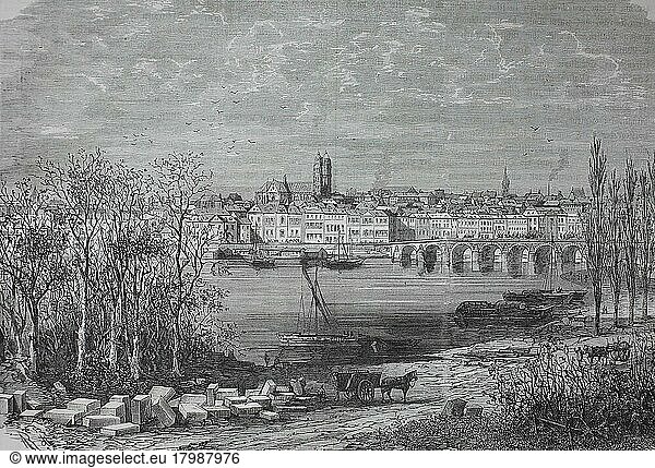 Blick über die Loire auf die Stadt Tours in der Region Center-Val de Loire  Frankreich  ca. 1870  Historisch  digital restaurierte Reproduktion einer Originalvorlage aus dem 19. Jahrhundert  genaues Originaldatum nicht bekannt  Europa