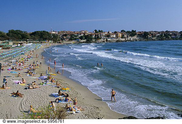 Blick über Strand  Sozopol  Schwarzmeer Küste  Bulgarien  Europa