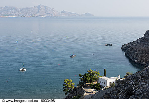 Blick über Vlycha Beach  Rhodos  Dodekanes  Griechische Inseln  Griechenland  Europa
