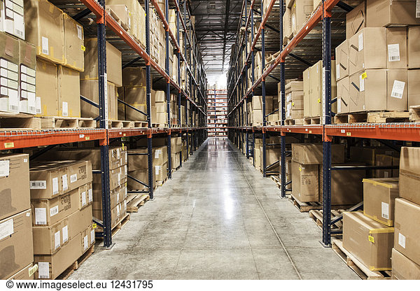 Blick in einen Gang mit Regalen  in denen Kartons mit Produkten auf Paletten in einem großen Vertriebslager stehen