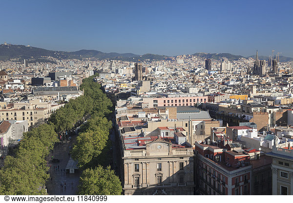 Blick vom Kolumbus-Denkmal (Monument a Colom) über La Rambla nach Barcelona  Katalonien  Spanien  Europa