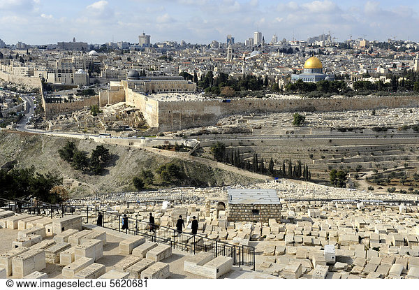 Blick vom Ölberg über den jüdischen Friedhof auf die al-Aqsa Moschee oder al-Aksa Moschee und den Felsendom auf dem Tempelberg in der Altstadt von Jerusalem  Israel  Naher Osten  Vorderasien  Asien