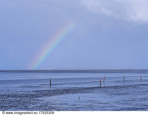 Blick von Norden auf die Nordseeinsel Norderney bei Niedrigwasser mit Regenbogen. Norden  Ostfriesland  Aurich  Niedersachsen