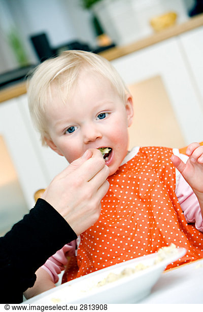 Blond baby girl eating Sweden.