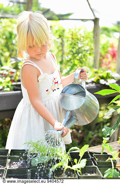 Blond girl wearing sundress watering potted seedlings in greenhouse