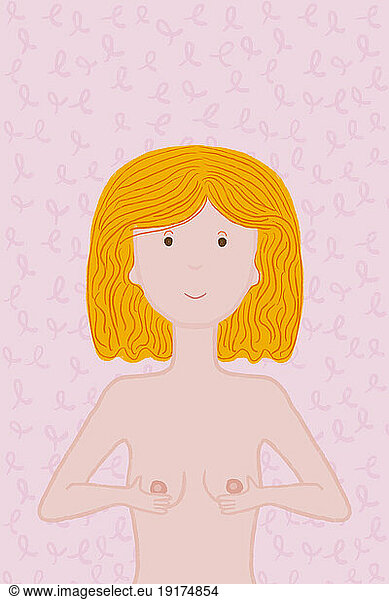 Blond woman examining breasts against pink background