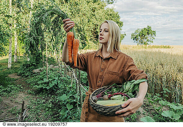 Blond woman examining carrots standing in garden