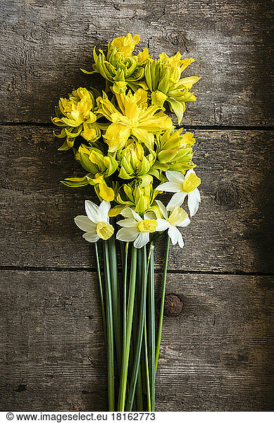 Blooming daffodils lying on wooden table