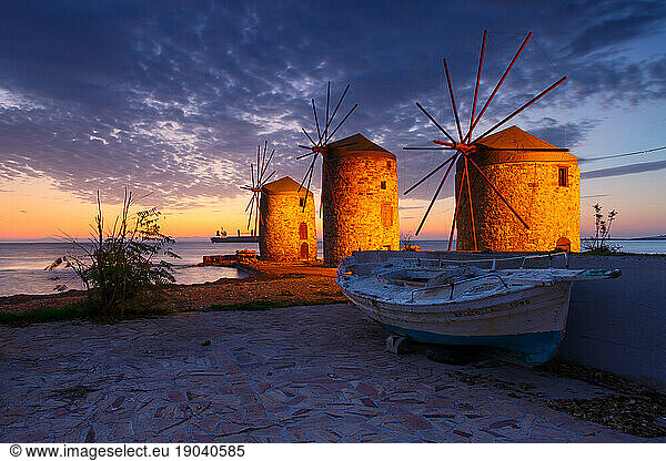 Blue hour image of the iconic windmills in Chios town.