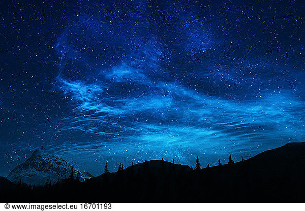 Blue Night Sky Stars And Milky Way In Mountain Scene