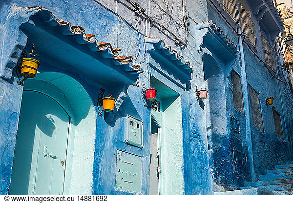 Blue painted house exteriors on stairway  detail  Chefchaouen  Morocco