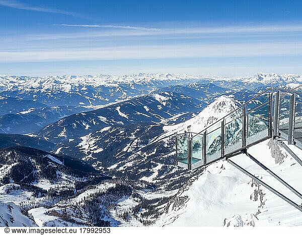Blue sky over alpine winter landscape  staircase to nowhere  snow-covered alpine peaks  Dachstein massif  Styria  Austria  Europe