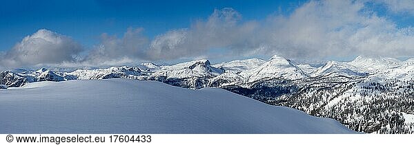 Blue sky over winter landscape and snowy peaks  high plateau at Lawinenstein  Tauplitzalm  Styria  Austria  Europe