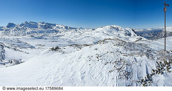 Blue sky over winter landscape  Dachstein massif with glacier and Krippenstein  Salzkammergut  Upper Austria  Austria  Europe