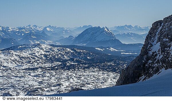 Blue sky over winter landscape  snow-covered Alpine peaks  view from Dachstein Glacier to Grimming  Dachstein Glacier  Styria  Austria  Europe
