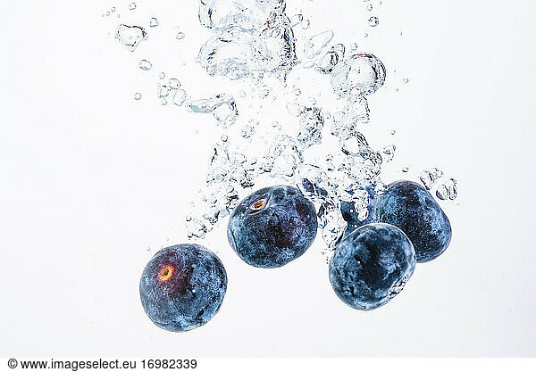 Blueberries splashing in water isolated on white background. Product photography  antioxidant concept.