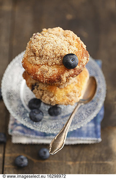 Blueberry muffins on cake stand  close-up