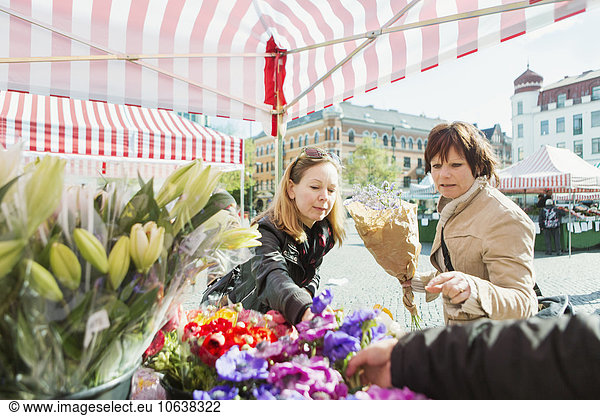 Blumenmarkt Blumenstrauß Strauß Frau Blume Stadt Quadrat Quadrate quadratisch quadratisches quadratischer kaufen reifer Erwachsene reife Erwachsene