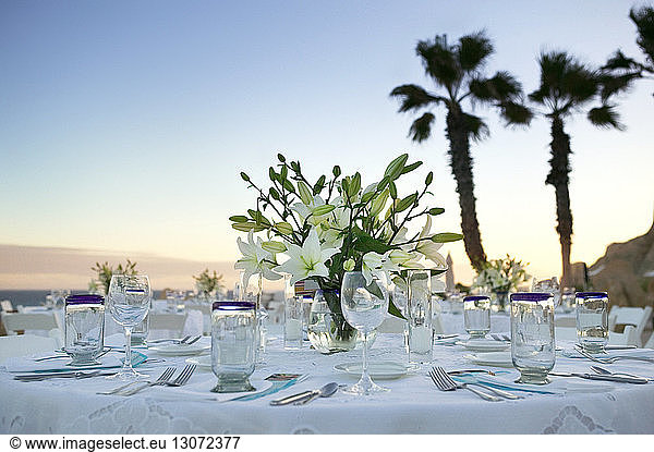 Blumentopf mit Besteck auf dem Tisch vor klarem Himmel arrangiert