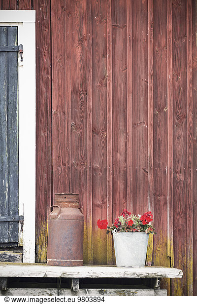 Blumentopf und rostiger Behälter außerhalb der Scheune