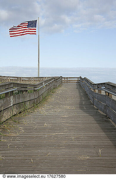 Boardwalk through grassland with mountains and American flag flying.