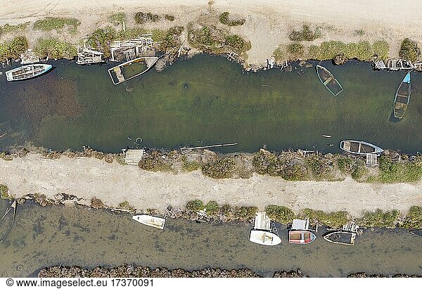 Boat cemetery  aerial view  drone shot  Ebro Delta Nature Reserve  Tarragona province  Catalonia  Spain  Europe