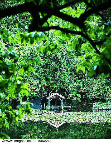 Boat house and pond and at the Ryoanji Temple in Kyoto  Japan
