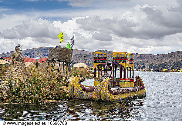 Boat made of reed moored at Uros Islands  Lake Titicaca  Peru