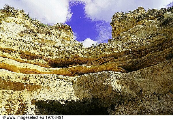Boat tour  cave tour along the cliffs  rocky coast on the Atlantic  Lagos  Algarve  Portugal  Europe