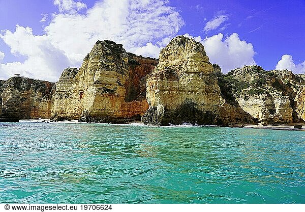 Boat tour  cave tour along the cliffs  rocky coast on the Atlantic  Lagos  Algarve  Portugal  Europe