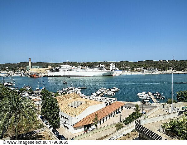 Boats and ferries at the port of Mahon  Port de Mao  Menorca  Balearic Islands  Balearic Islands  Mediterranean Sea  Spain  Europe