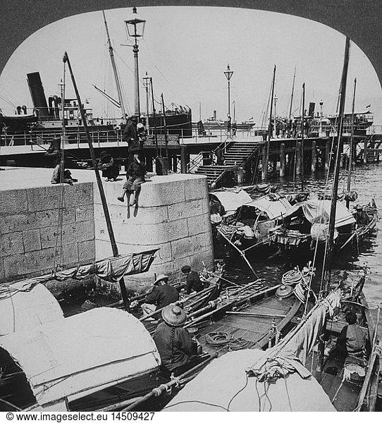 Boats and Pier in Harbor  Hong Kong  Single Image of Stereo Card  1910