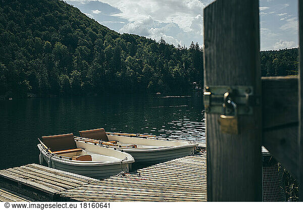 Boats by wooden pier on Monticolo Lake by forest