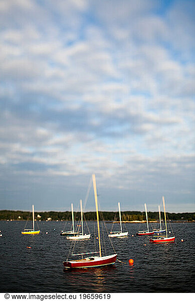 Boats float in a harbor on a sunny evening.