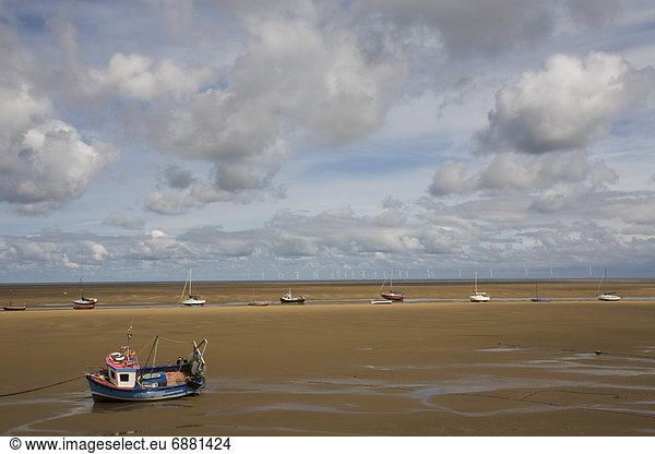 Boats on the beach near New Brighton  Wirral Peninsula  Merseyside  England  United Kingdom  Europe