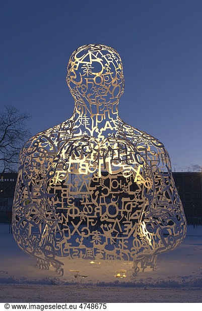 Body of Knowledge  sculpture by Jaume Plensa  a collage of iron letters  early morning on the Campus Westend of Goethe University in Frankfurt am Main  Hesse  Germany  Europe