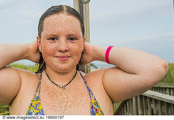 Boho Freckled face Gen Z illustrates Body Positivity at the Beach