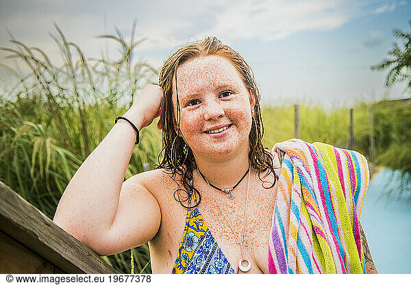 Boho Freckled face Gen Z illustrates Body Positivity at the Beach