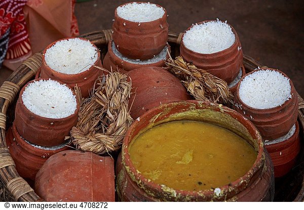 Boiled rice and curry in Puri   Orissa   India